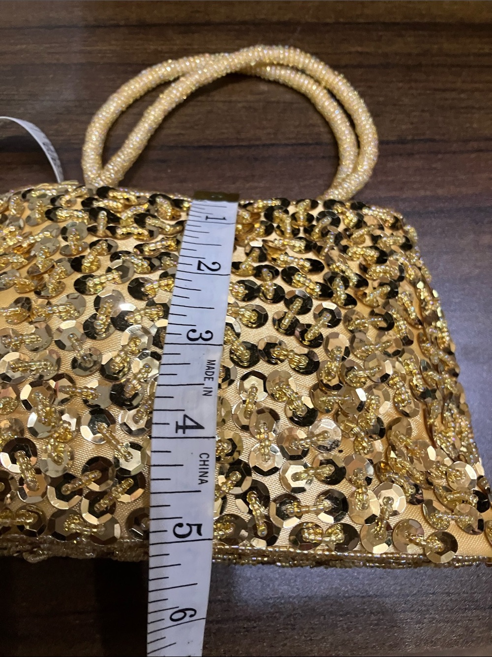 Gold Sequin Beaded Evening Clutch with Beaded Handles - Picture 4 of 11